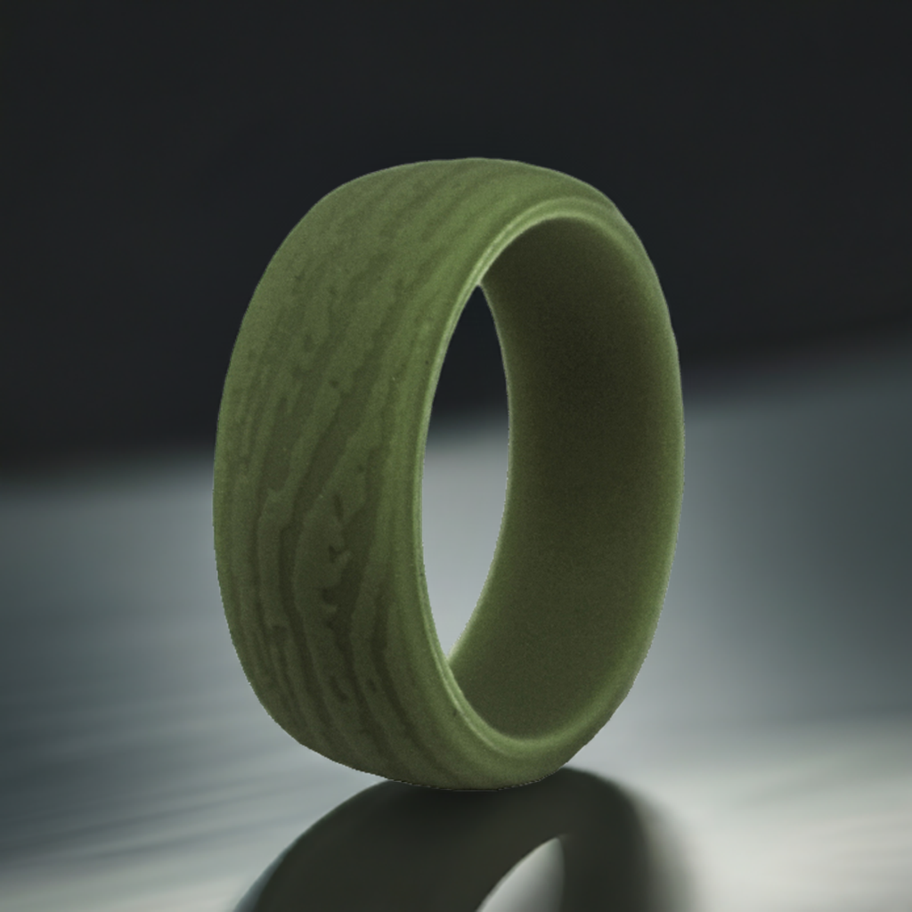 Olive Green Wood Grain Silicone Ring Wedding Band
