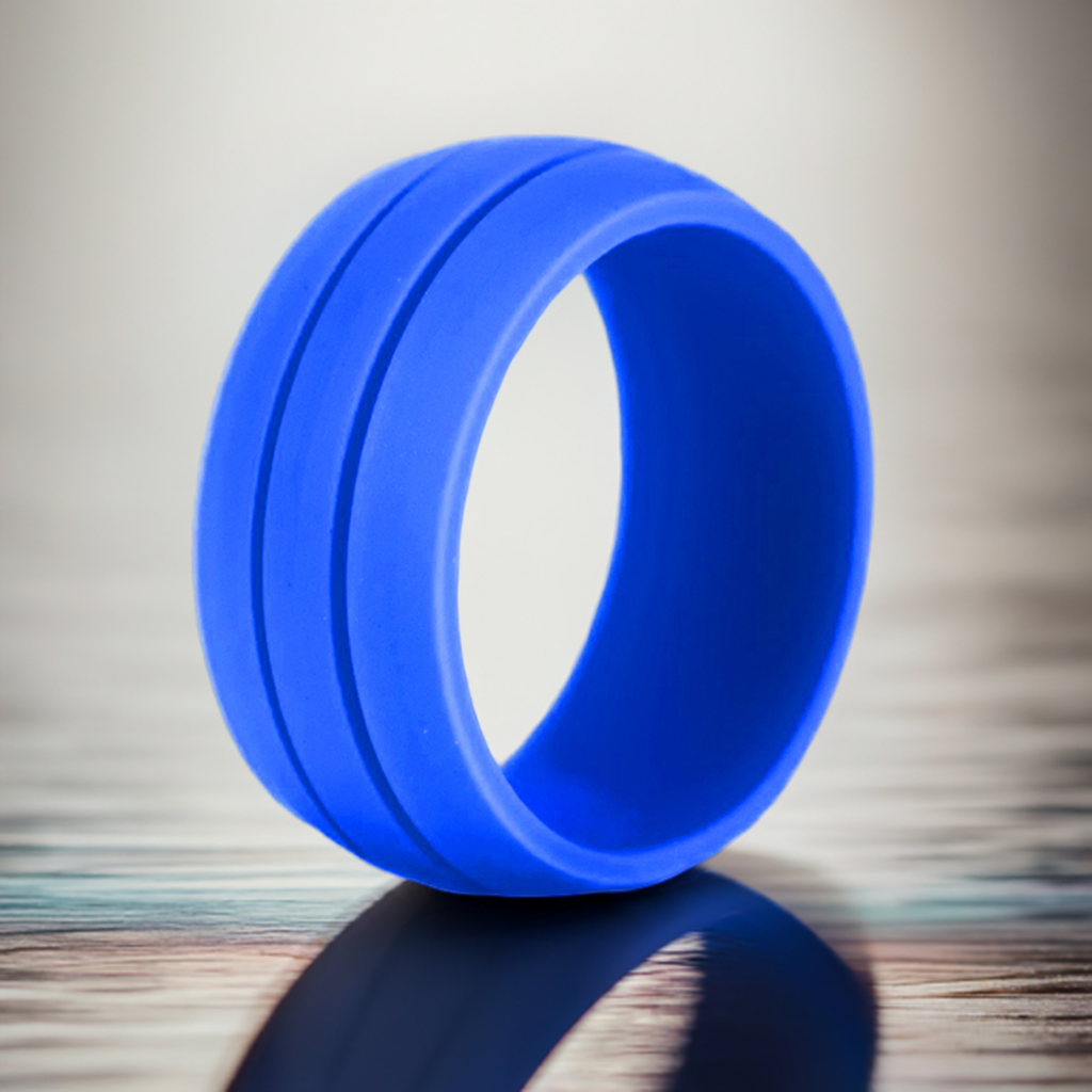 Blue Wide Dual Groove Silicone Rings And Wedding Bands