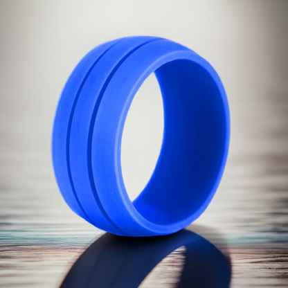 Blue Wide Dual Groove Silicone Rings And Wedding Bands