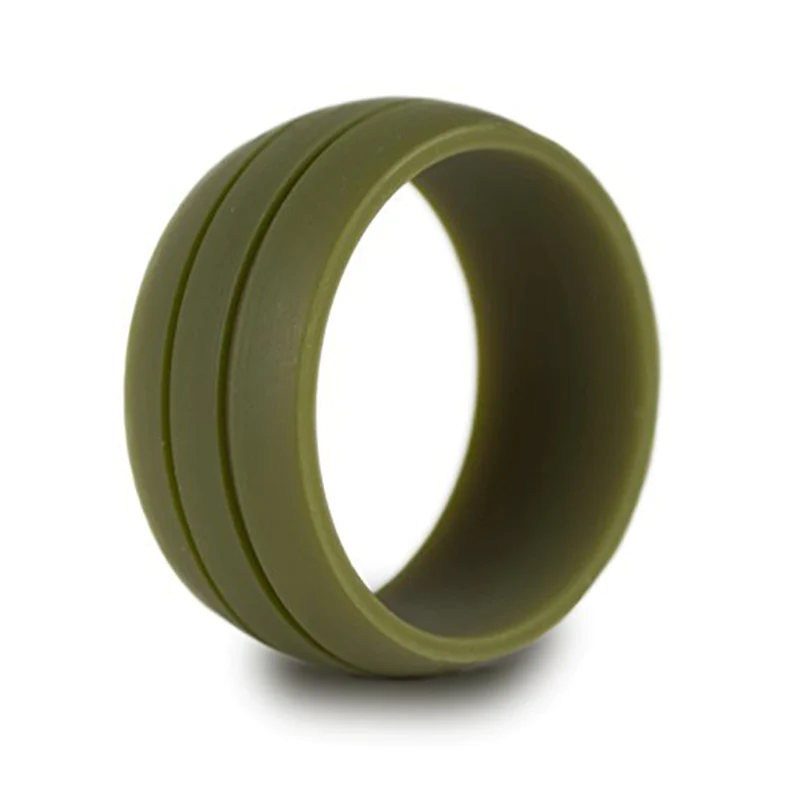 Olive Green Wide Dual Groove Silicone Rings And Rubber Wedding Bands