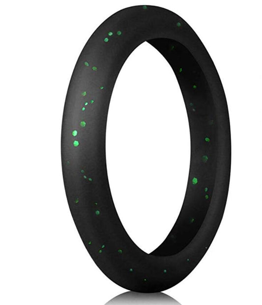 Sparkly Black With Green Glitter Silicone Rings For Women